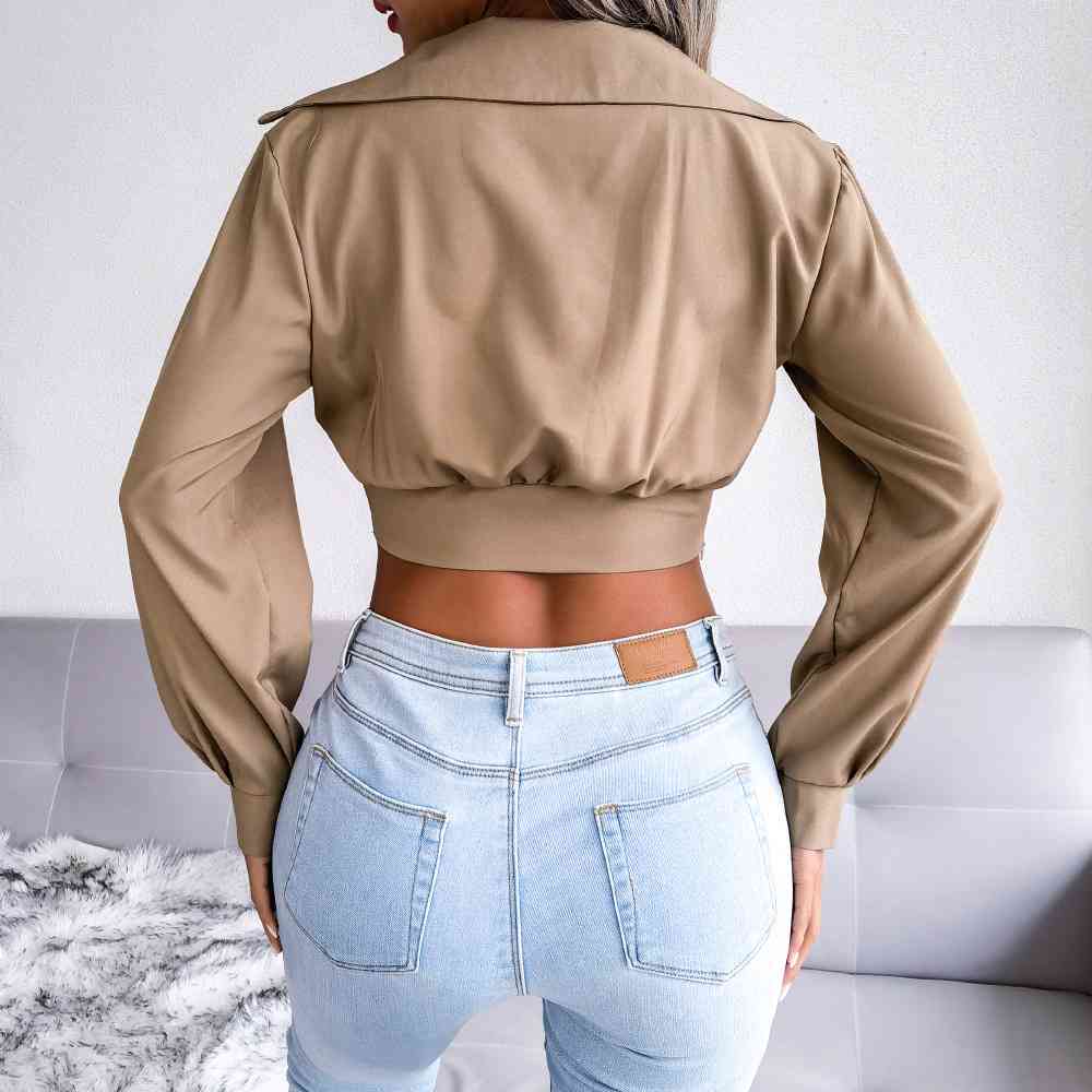 Long Sleeve Shirt Knot Detail Collared Cropped Top