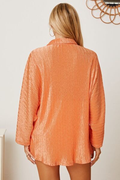 Textured Orange Button Up Long Sleeve Shirt Womens Fashion Clothing