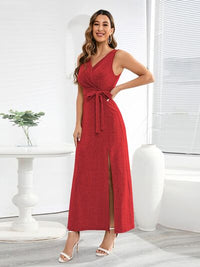 Event Elegant Slit Surplice Tie Waist Sleeveless Midi Maxi Dress