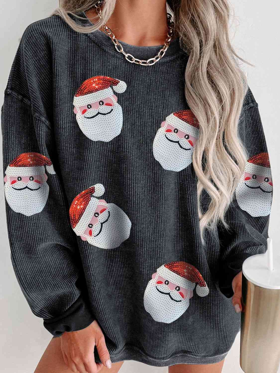 Sequin Santa Patch Ribbed Sweatshirt Holiday Christmas Sweater