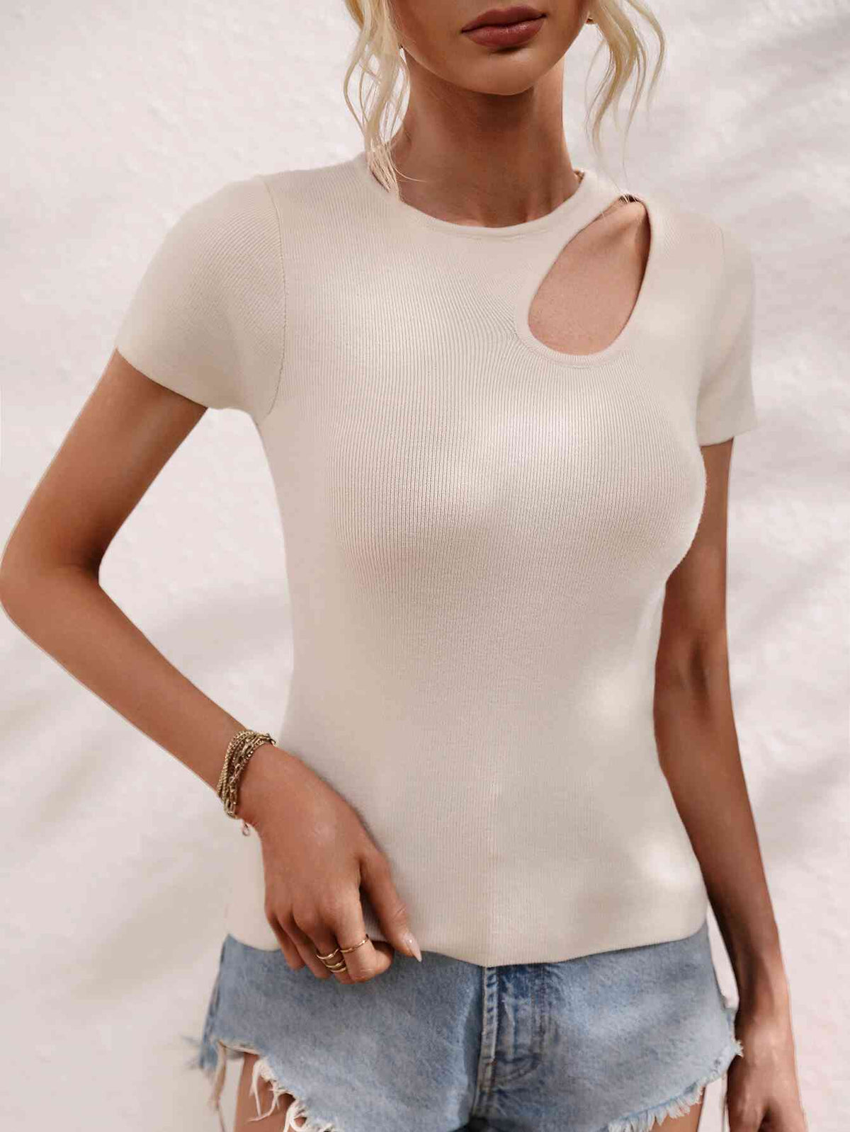 Womens Casual Shirt Cutout Round Neck Short Sleeve Knit Top