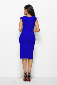 Women's V Neck Ruched Ruffled Cap Sleeve Midi Dress Ladies Work Dress