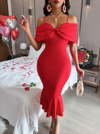 Red Spaghetti Strap Fishtail Wrap Dress