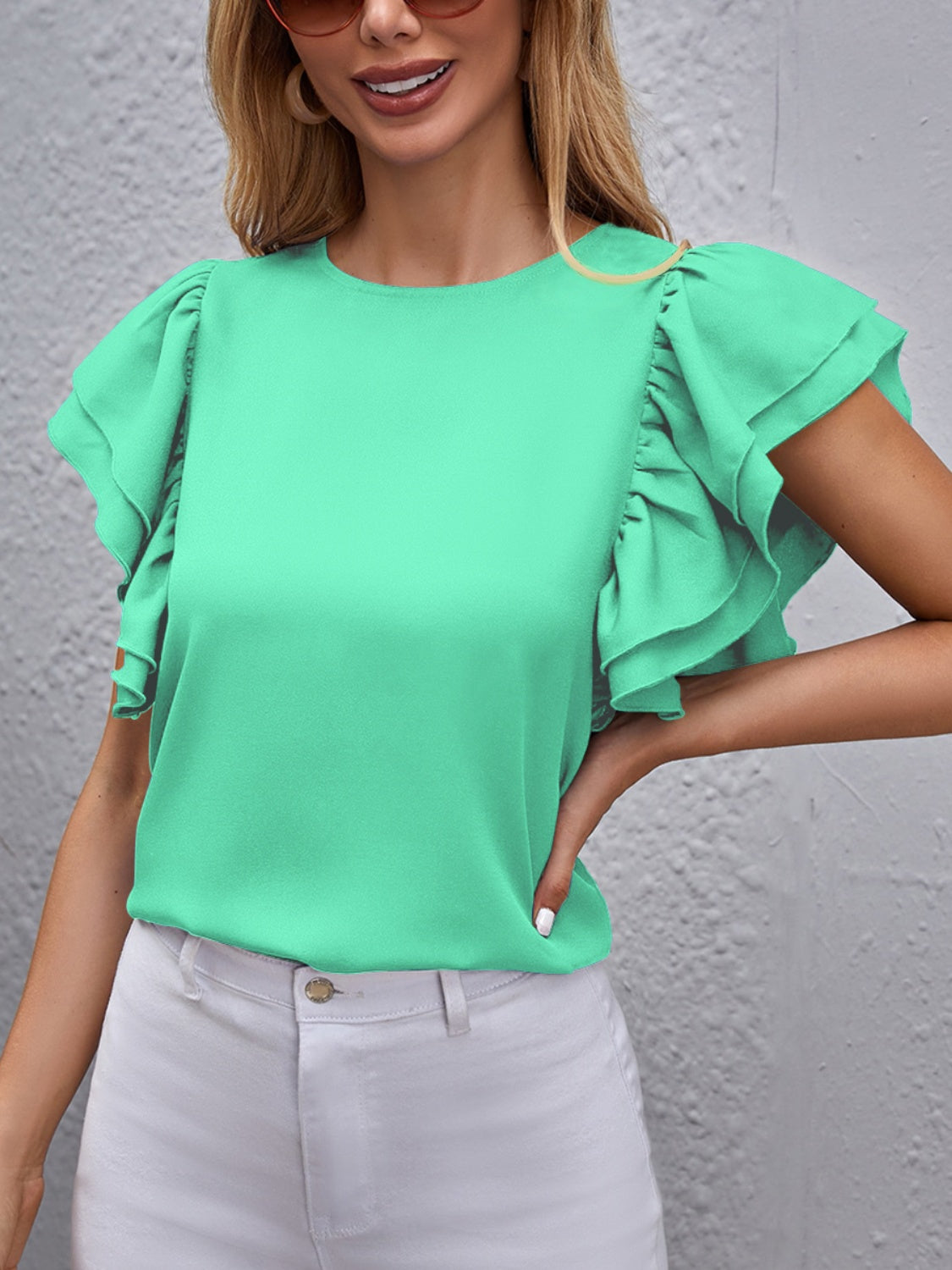 Round Neck Flounce Sleeve Blouse Solid Color Women's Short Sleeve Top