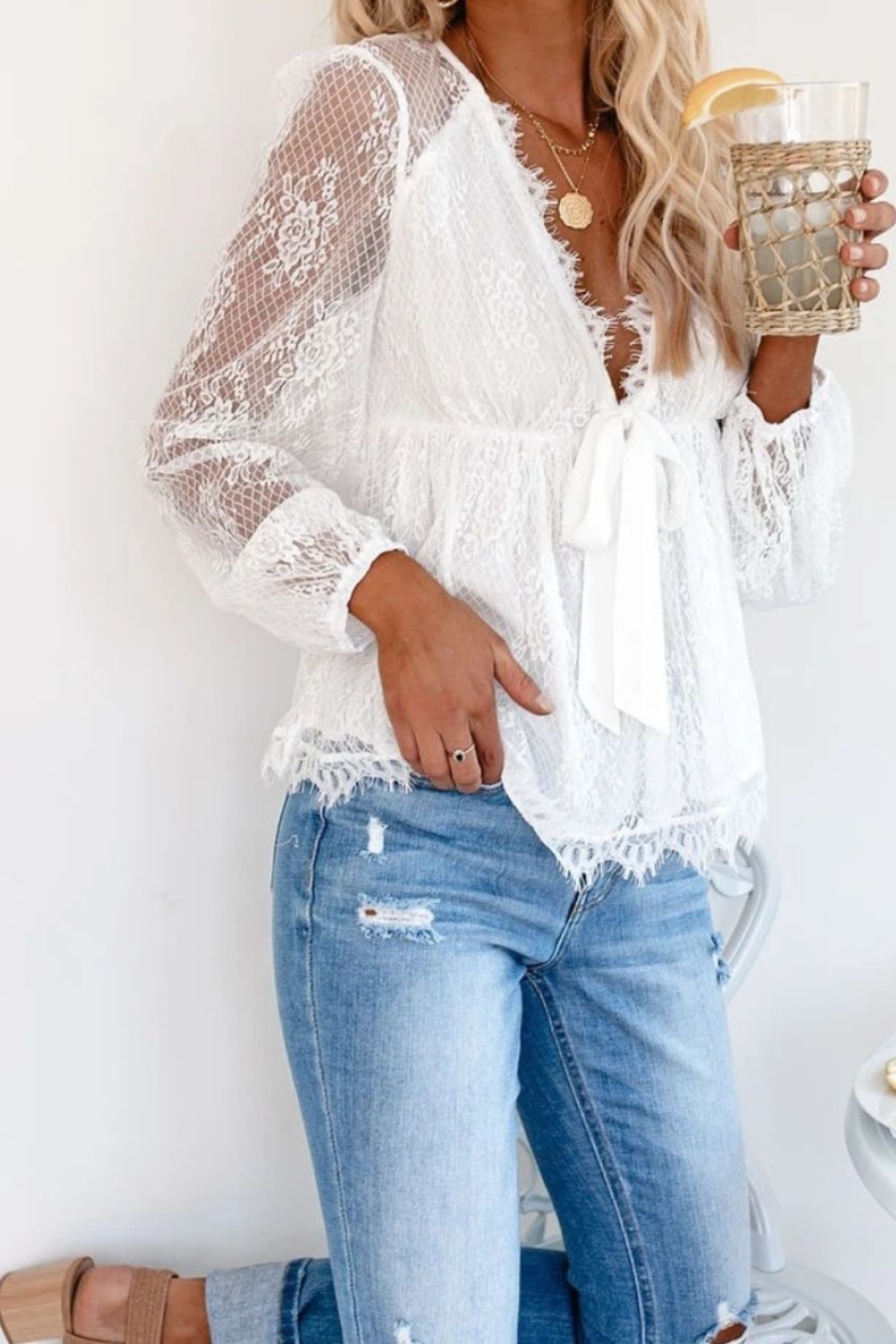 Cotton Blouse Lace Detail Plunge Neckline Long Sleeve New Women's Fashion Low Cut V neckline Top