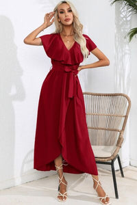 Ruffled Waist Tied V-Neck Midi Maxi Dress Casual Womens Fashion