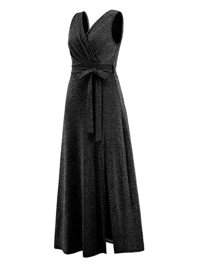 Event Elegant Slit Surplice Tie Waist Sleeveless Midi Maxi Dress