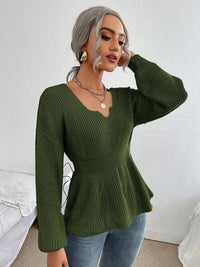 Notched Dropped Shoulder Knit Long Sleeve Top