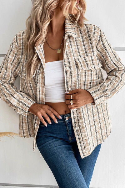 Plaid Pocketed Button Up Collared Neck Shaket Jacket Button Down Shirts