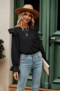 Womens Casual Blouse Shirt Ruffled Round Neck Long Sleeve Top