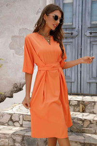 Women's Fashion Orange Shirt Dress  Notched Neck Half Sleeve Midi Dress