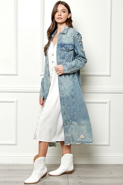 Women's Long Denim Jacket  Distressed Raw Hem Pearl Detail Button Up Light Shacket