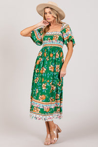 KESLEY Boho Printed Smocked Short Sleeve Midi Dress