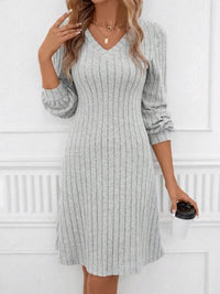 Sweater Dress Ribbed V-Neck Long Sleeve Mini Casual Womens Fashion