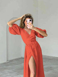 Casual  Vacation Dress 100% Cotton Balloon Sleeves High Slit Short Sleeve Tied Midi Dress Premium Luxury Ladies Fashion