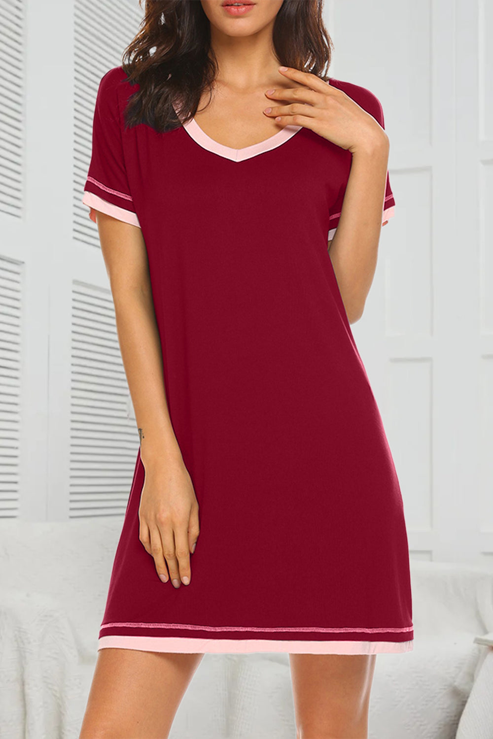 Pajama Dress Contrast Trim Short Sleeve Lounge Dress