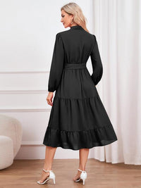 Womens Fashion Tie Neck Long Sleeve Tiered Midi Dress