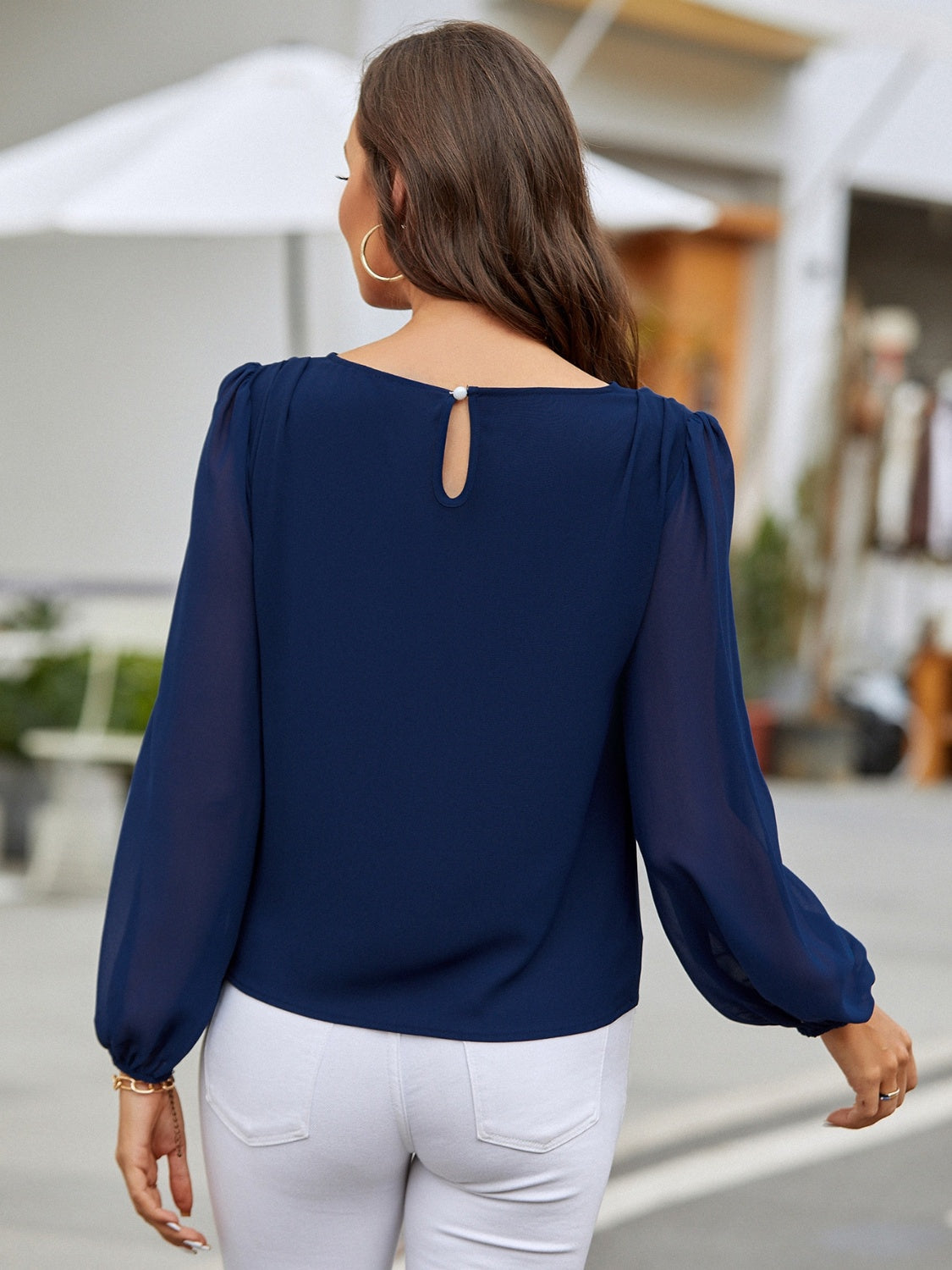 Solid Color Long Sleeve Shirt Women's Fashion Top Round Neck Balloon Sleeve Blouse