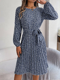 Ditsy Floral Tie Waist Pleated Long Sleeve Dress Women's Casual Wear and Workwear Fashion