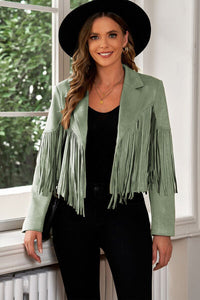 KESLEY Fringe Jacket Trim Lapel Collar Cropped Blazer Cowboy Boho Style Tassel-fringe Coat