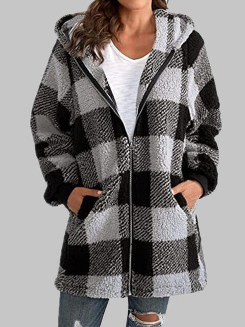 Checkered Plaid Zip-Up Hooded Jacket with Pockets