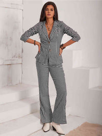 Womens Fashion Checkered Blazer & Slit Trouser Pants Set