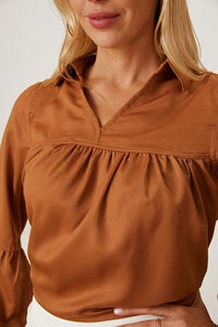 Women's Casual Long Sleeve Shirt V Neck Balloon Sleeve Collared Neck Blouse