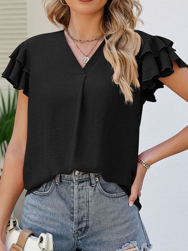 Black Short sleeve shirt women's fashion Ruffled V-Neck Cap Sleeve Blouse