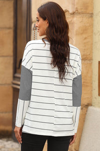 Pocketed Striped Round Neck Long Sleeve Womens T-Shirt Top