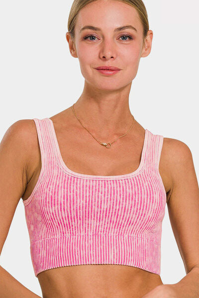 KESLEY Pink Cropped Yoga Top Ribbed Square Neck Wide Strap Tank Nylon and Spandex Fast dry