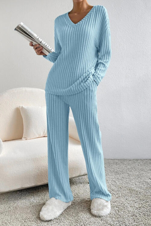 Women's comfortable Loungewear Set Pajamas  Ribbed V-Neck Top and Pants Set