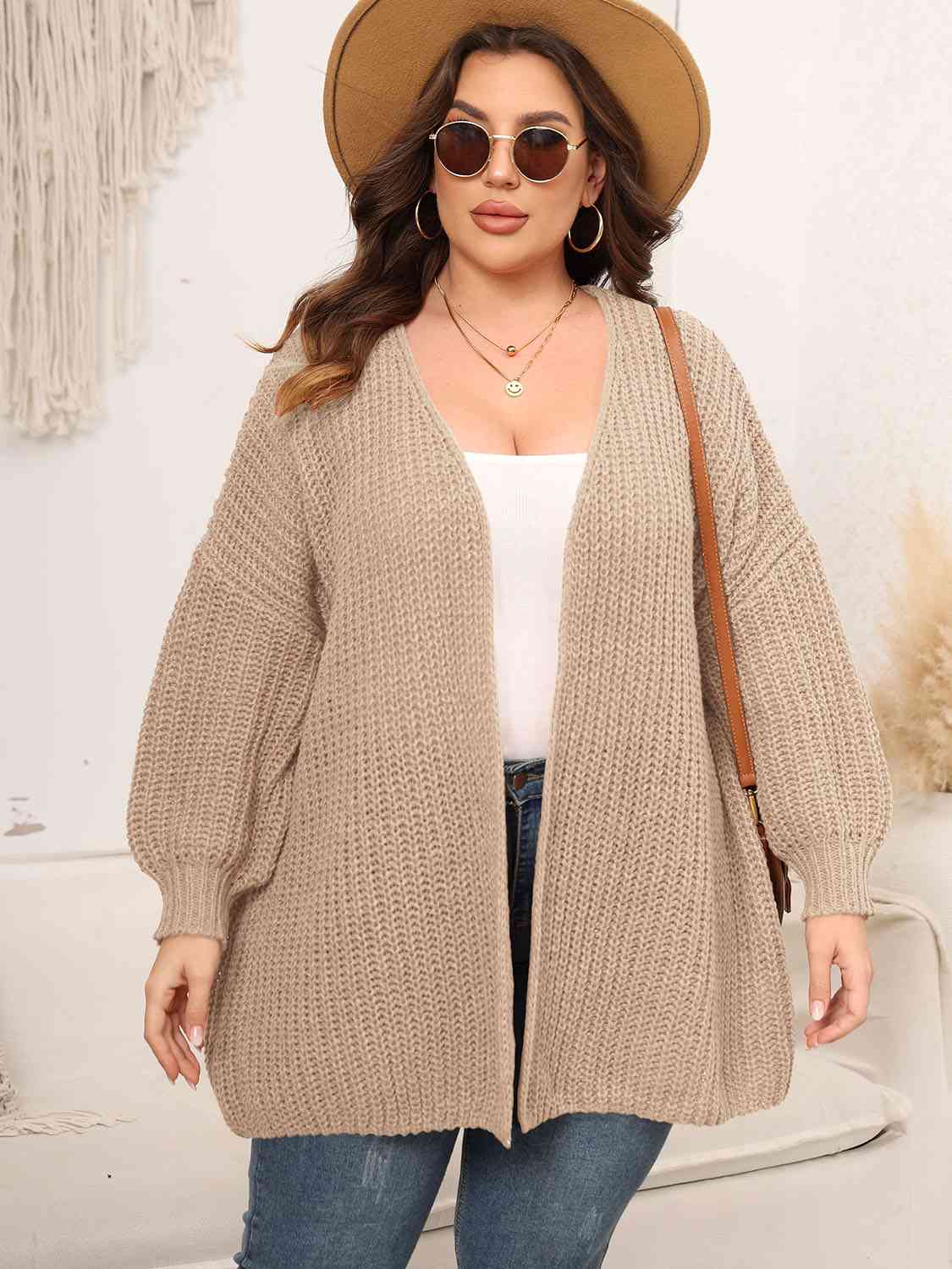 Plus Size Open Front Dropped Shoulder Knit Cardigan Fashion Sweater