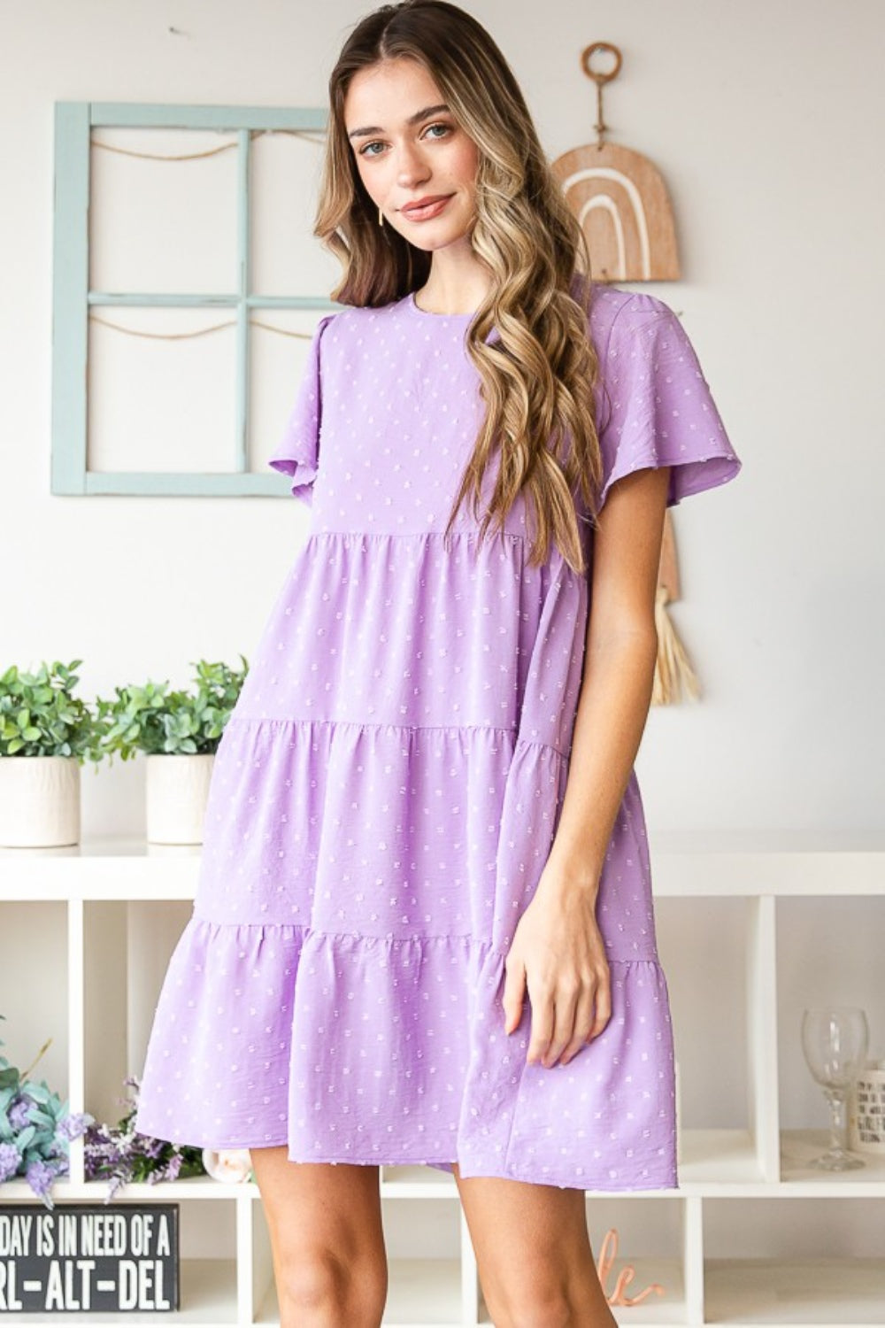 Women's Lilac Swiss Dot Short Sleeve Tiered Short Dress Petite and Plus Size Fashion Dresses