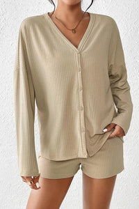 Ribbed Button-Up Top and Shorts Lounge Pajamas Set