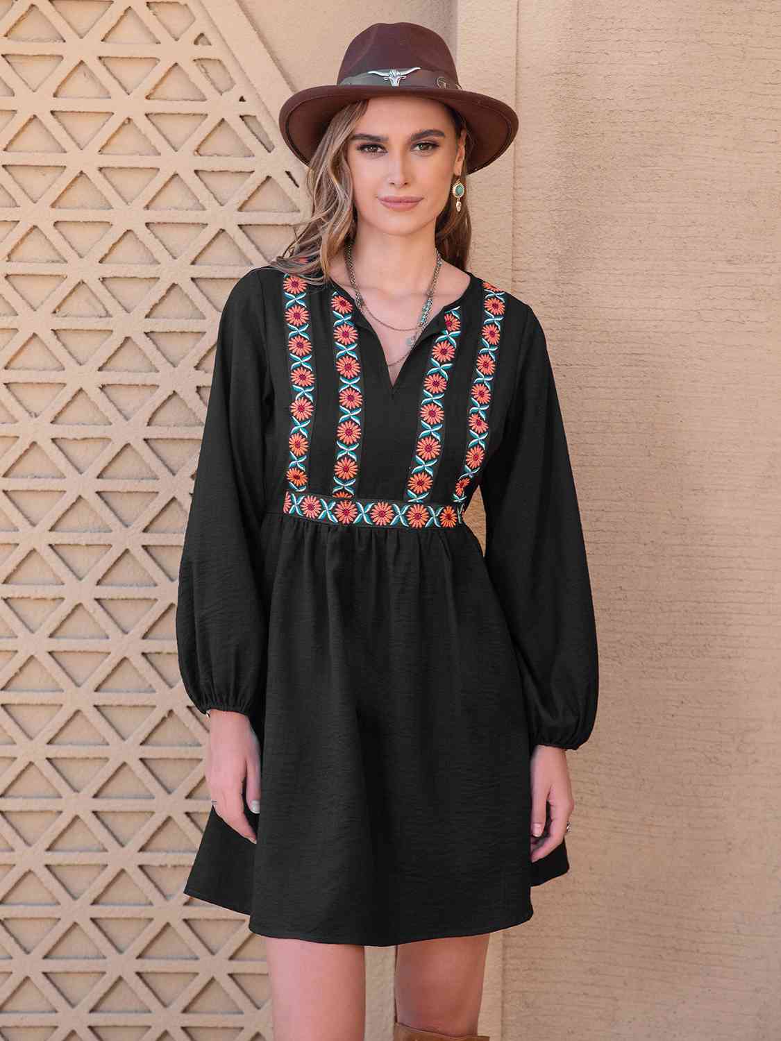 Boho Print Tunic Dress Women's Casual Notched Neck Long Sleeve Printed Mini Dress