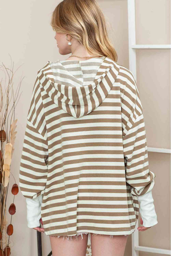 Womens Striped Dropped Shoulder Buttoned Thumb Hole Long Sleeve Top Hoodie