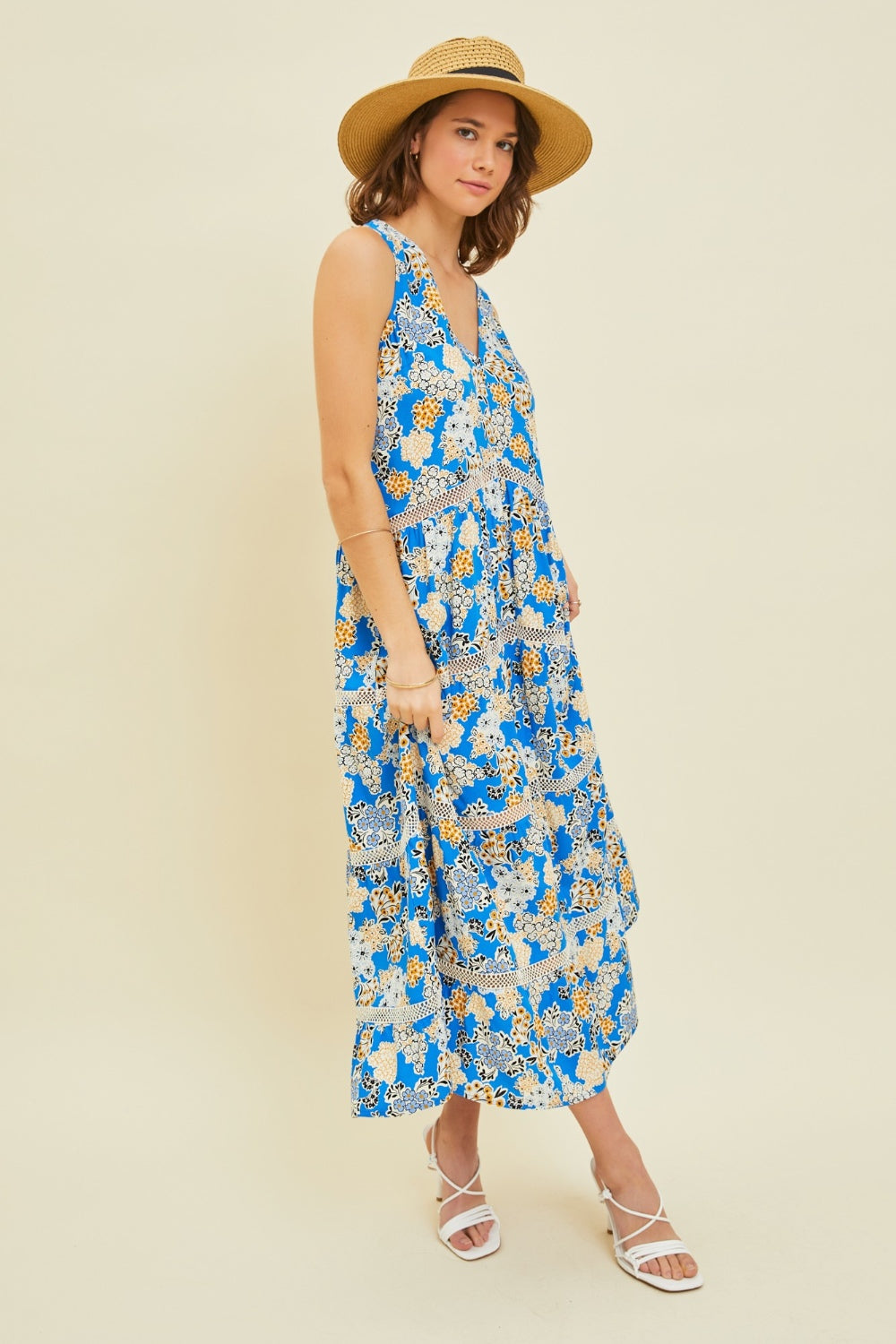 Floral Printed Blue Crochet Trim Maxi Dress Petite and Plus Size Fashion Casual Sleeveless  Dress