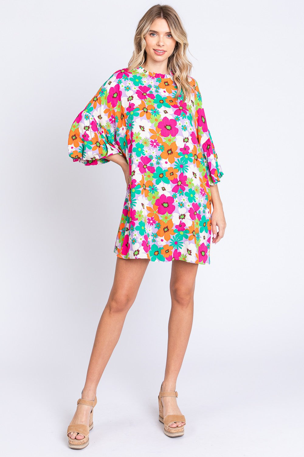 KESLEY Floral Round Neck Lantern Sleeve Mini Dress Petite and Plus Size Dresses and Fashion