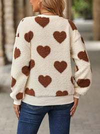 Fuzzy Heart Print Fashion Sweater Dropped Shoulder Sweatshirt