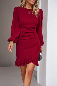 Ruched Ruffled Balloon Long Sleeve Sleeve Mini Dress