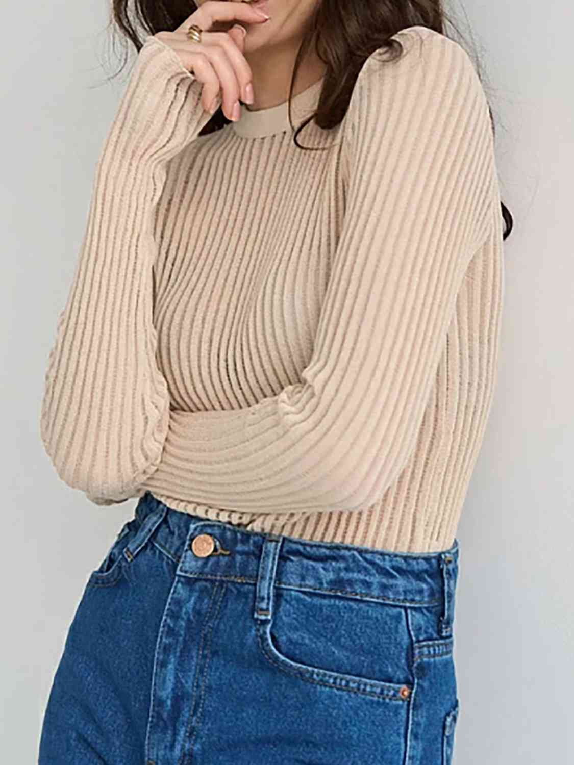 Women's Cotton Sheer See Through Round Neck Long Sleeve Ribbed Knit Top