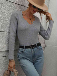 Long Sleeve Shirt Women's V-Neck Ribbed Knit Top