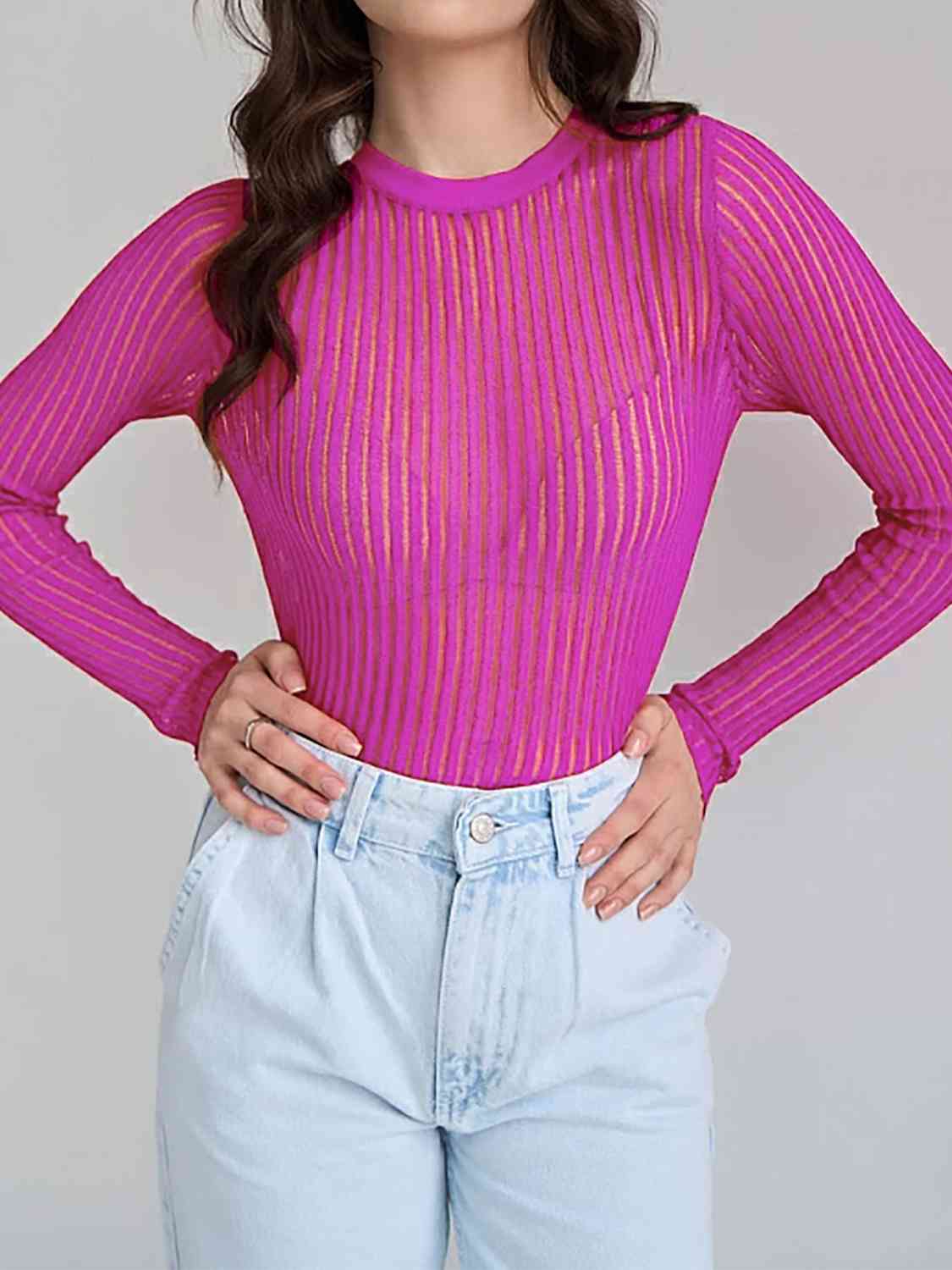 Women's Cotton Sheer See Through Round Neck Long Sleeve Ribbed Knit Top