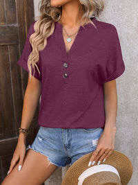 Notched Buttoned Short Sleeve T-Shirt Womens Tops