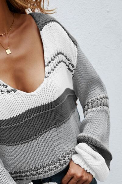 Color Block V-Neck Dropped Shoulder Fashion Womens Sweater