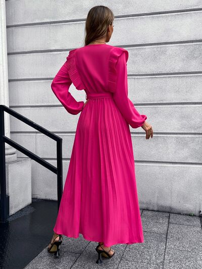 Long Sleeve Maxi Dress Pleated Surplice Waist Tie Midi