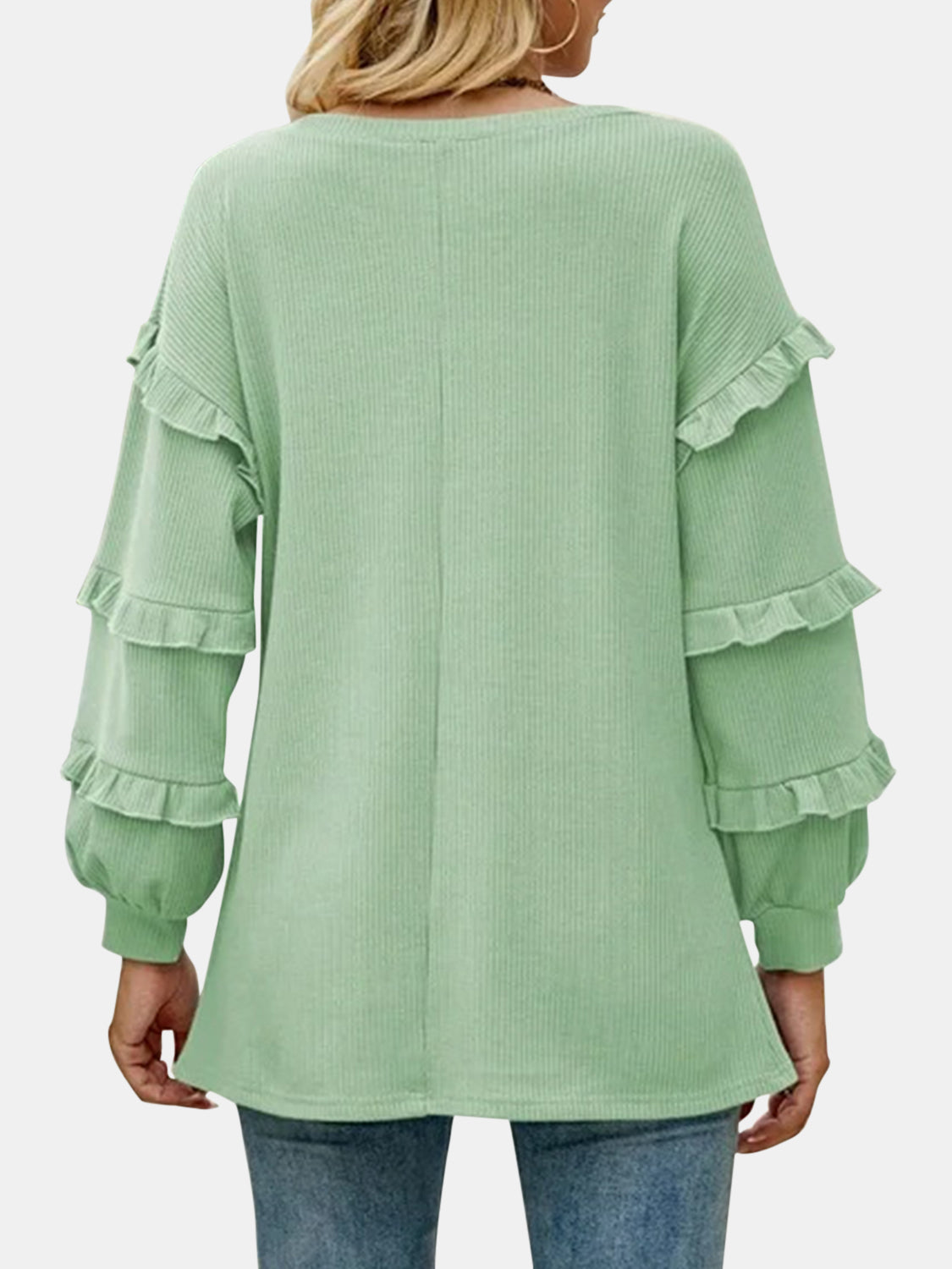 Women's Cotton Ruffled V-Neck Long Sleeve T-Shirt