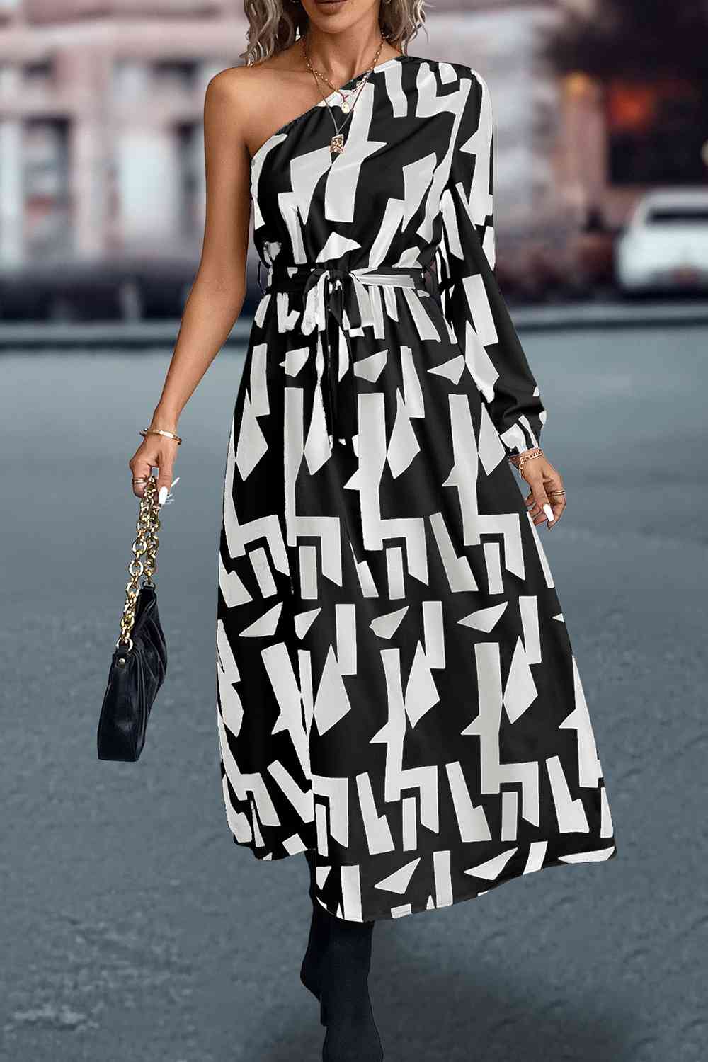 White and Black Printed One-Shoulder Tie Waist Long Dress