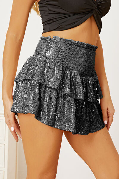 Sequin Layered Mini Skirt, ladies fashion sparkly ruffle short skirt