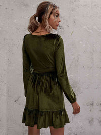 Plunge Long Sleeve Ruffle Hem Velvet Dress